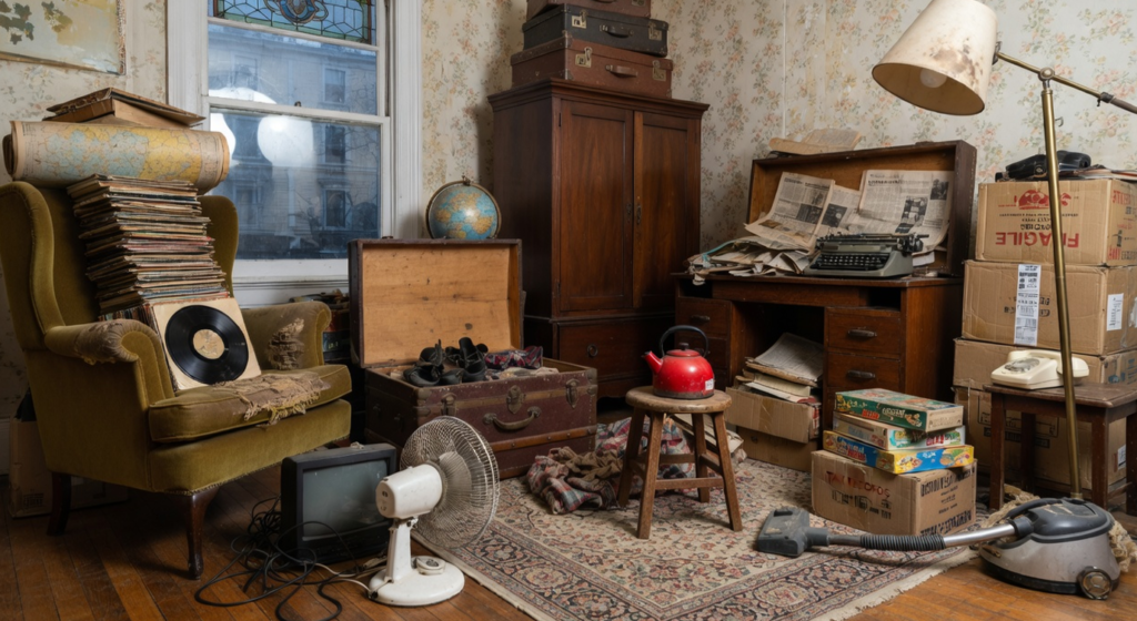 Sgomberi Esperti - Stanza ingombra piena di mobili vintage, valigie antiche, scatole, elettrodomestici e oggetti accumulati durante una valutazione successoria e sgombero casa. Esempio di ambiente da svuotare professionalmente con servizio di sgombero cantine e appartamenti