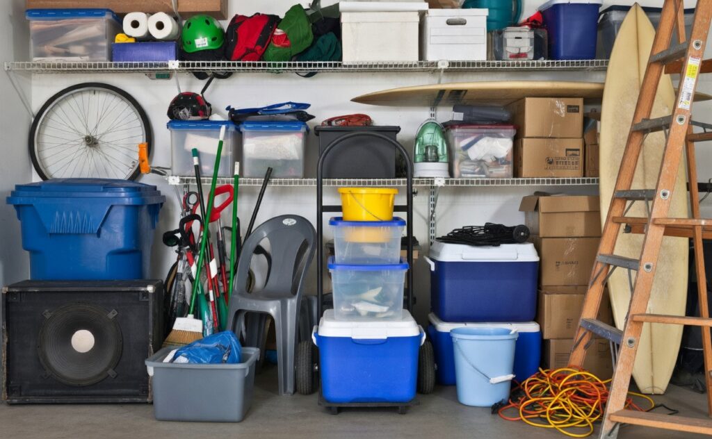 Garage ingombro e disordinato con scaffali pieni di scatole, contenitori di plastica, scale in legno, surf, ruota di bicicletta, casse acustiche, secchi e attrezzi vari - spazio di stoccaggio caotico prima di un riordino
