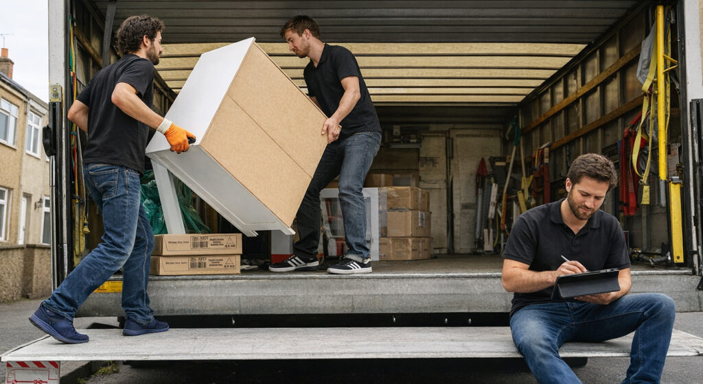Professional movers carefully loading a large white cabinet into a moving truck while a supervisor checks the inventory on a tablet. Professional furniture removal and relocation service in action