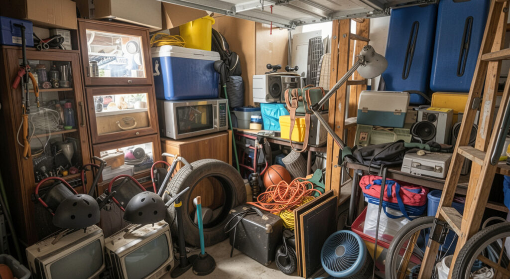 Sgombero garage prima e dopo - Locale garage completamente ingombro di oggetti, mobili vecchi, scatoloni e elettrodomestici da svuotare - Servizio professionale di sgombero cantine e garage