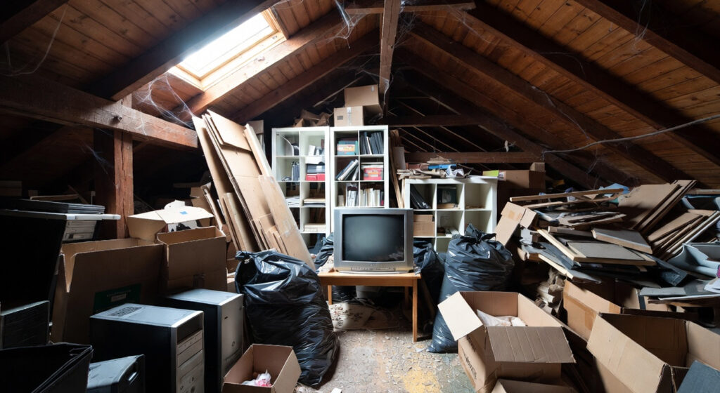 Soffitta piena di oggetti accumulati da svuotare - prima e dopo sgombero soffitta