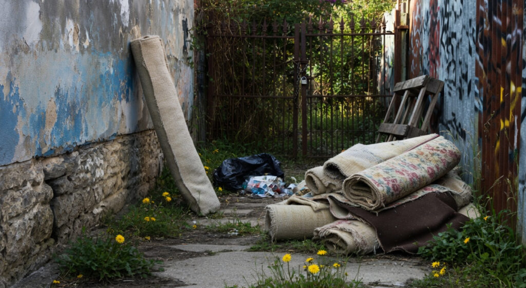 Sgomberi Esperti - Cumulo di vecchi tappeti arrotolati e rifiuti abbandonati in un vicolo stretto dietro casa, esempio di spazio esterno da svuotare. Servizio professionale di sgombero cantine, garage e smaltimento rifiuti ingombranti in tutta Italia